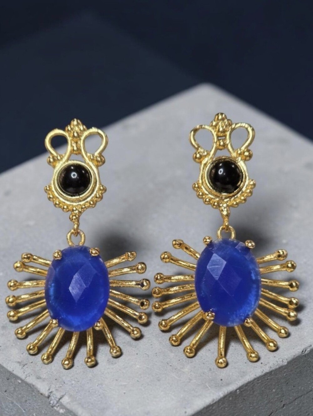 18k Gold Plated Artisan Blue Chalcedony & Onyx Spiked Dangle Earrings